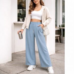 Halara Blue High Rise Wide Leg Size Large Pants Elastic Back Waist NWT